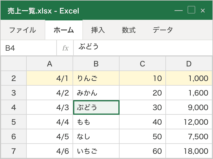 行番号が2から始まっている表。1行目が隠れていて、その上に選べる行が無い