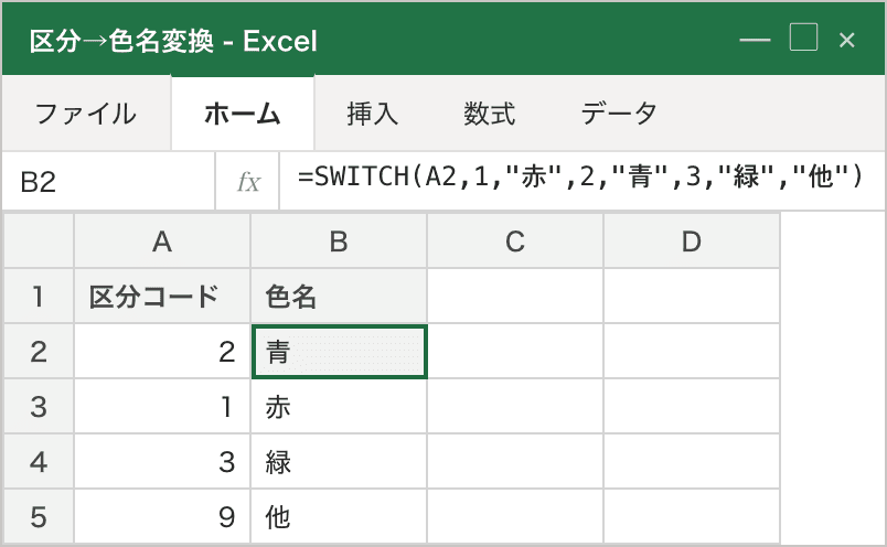 SWITCH関数で区分コード（A列）を色名（B列）に変換した数式バー