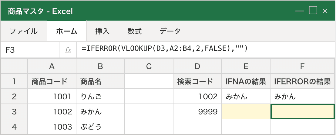 検索コード9999が商品マスタに無いため、IFNAの結果列（E3）とIFERRORの結果列（F3）がどちらも空白になっている例。この時点では見た目に差がない