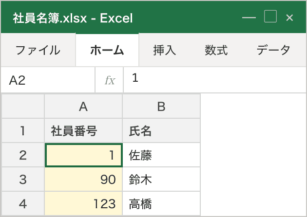 社員番号の列に上から 001、090、00123 と入力した直後の画面。セルには 1、90、123 と表示され、数値として右寄せになっている。選んでいる1行目のセルの数式バーにも 1 と出ており、打った 001 はセルに残っていない