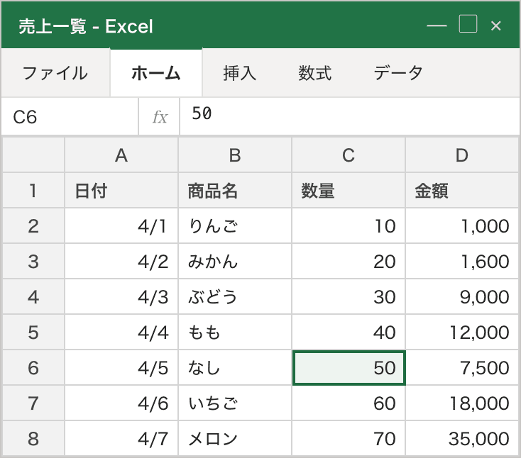 通常の状態で下方向キーを1回押した後の模式図。見えている行は1〜8のままで変わらず、緑の枠と名前ボックスが C5 から C6(なし・50)へ1つ下に移っている