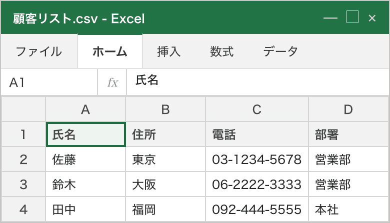 同じCSVを文字コードを指定して読み込んだ画面。氏名・住所・電話・部署の列がすべて正しく表示されている