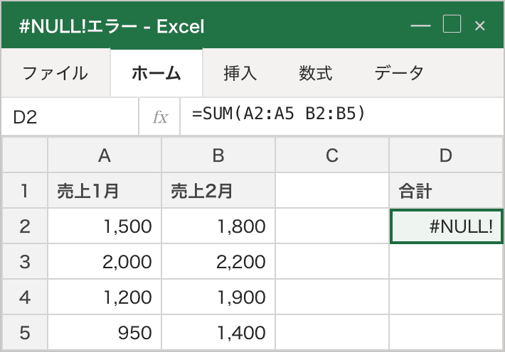 数式 =SUM(A2:A5 B2:B5) のように2つの範囲をスペースで区切ったため、D2 が #NULL! になっている例(スペース区切りは「共通部分」を意味し、重ならない場合にこのエラーになる)