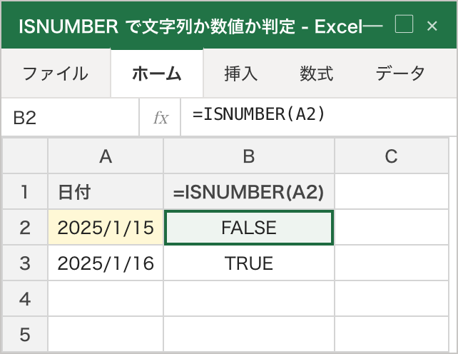 ISNUMBER関数による判定。左寄せの文字列日付「2025/1/15」に対しては =ISNUMBER(A2) が FALSE を返し、右寄せの本物の日付「2025/1/16」に対しては TRUE を返している。右寄せ=数値=日付、左寄せ=文字列、という対応が確認できる