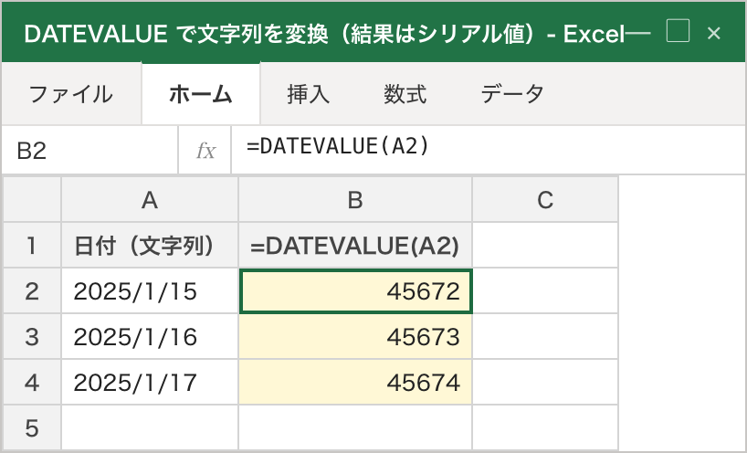 方法A。A列の文字列の日付「2025/1/15」などを、B列で =DATEVALUE(A2) を使って変換した状態。結果は「45672」のようなシリアル値の数字として右寄せで出ており、まだ日付の見た目にはなっていない。このあと表示形式を「日付」にする必要がある