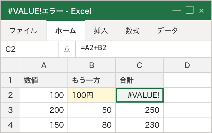 B2に「100円」という文字列（黄色ハイライト・左寄せ）が入っているため、=A2+B2 の結果が #VALUE! になっている例
