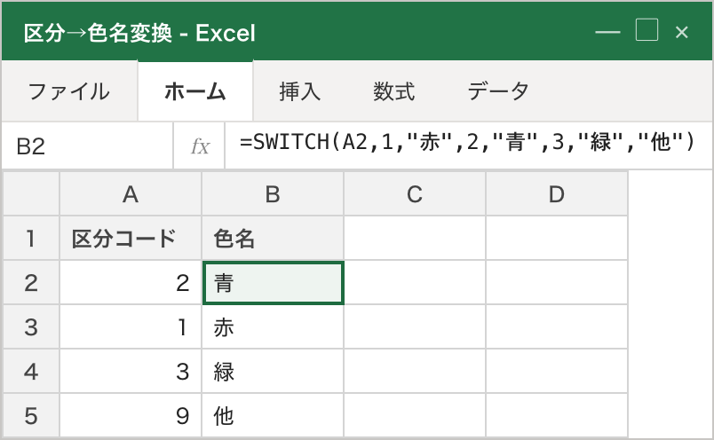 SWITCH関数で区分コード（A列）を色名（B列）に変換した数式バー