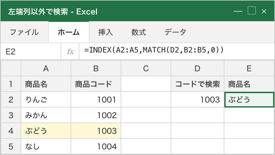 A列に商品名・B列に商品コードという並びで、商品コード「1003」をMATCHでB列から探し、INDEXで対応する商品名「ぶどう」を取り出している例