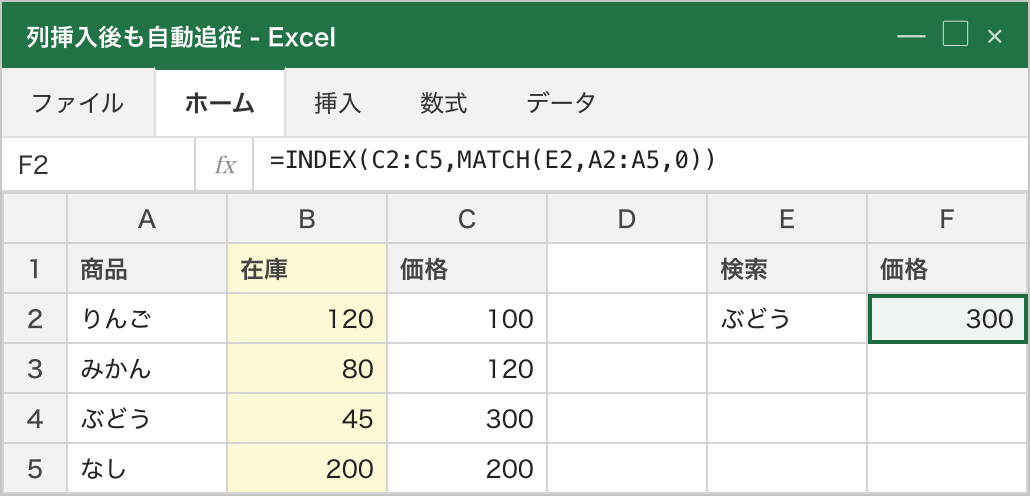 A列の商品名から検索、価格はC列から取得。間にB列「在庫」が挿入されてもINDEXは追従し、F2の「ぶどう→300」が正しく取れる